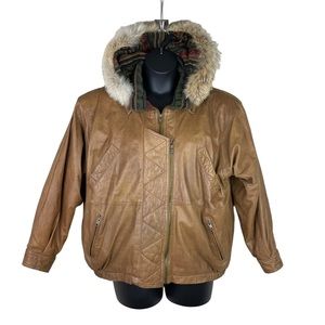 Winlit Vintage Leather Bomber Jacket Oversized Hood Shoulder Pads Brown Size L